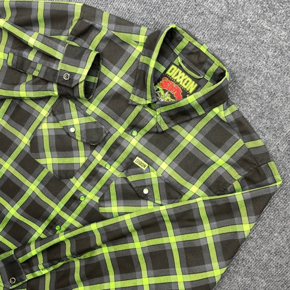 Dixxon Flannel Co The Shifter Plaid Button Down Shirt Neon Green Black Mens Sm